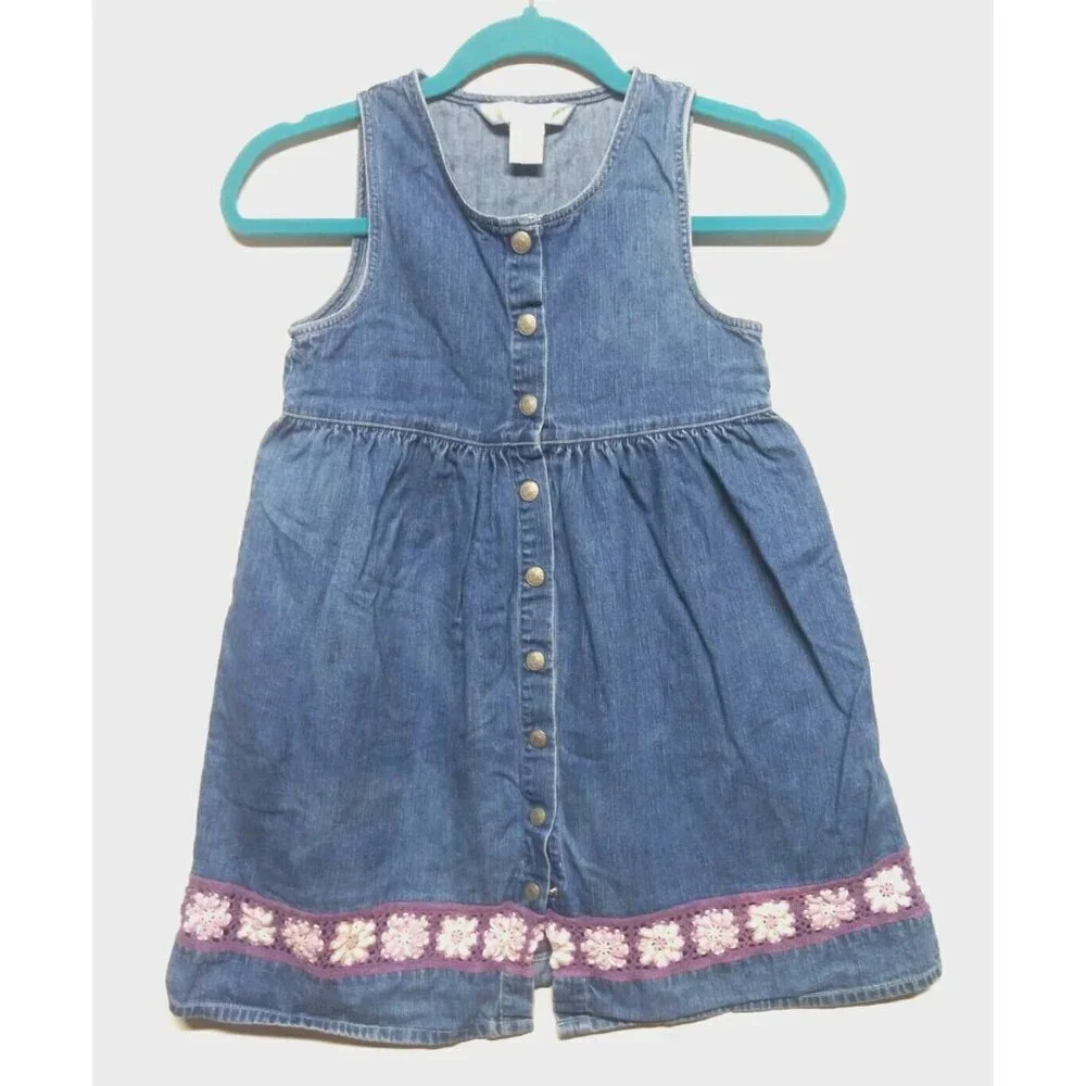 VTG Denim Dress Jumper Girls Sz L crochet floral lace button front fit flare EUC